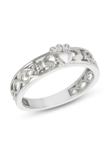 Golden Moments Sterling Silver Rhodium Plated CZ Claddagh Band Ring
