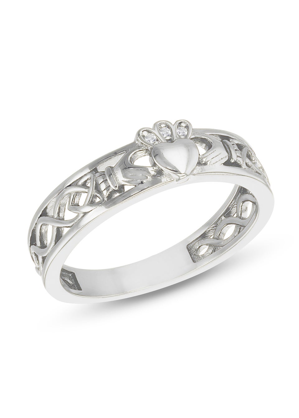 Golden Moments Sterling Silver Rhodium Plated CZ Claddagh Band Ring