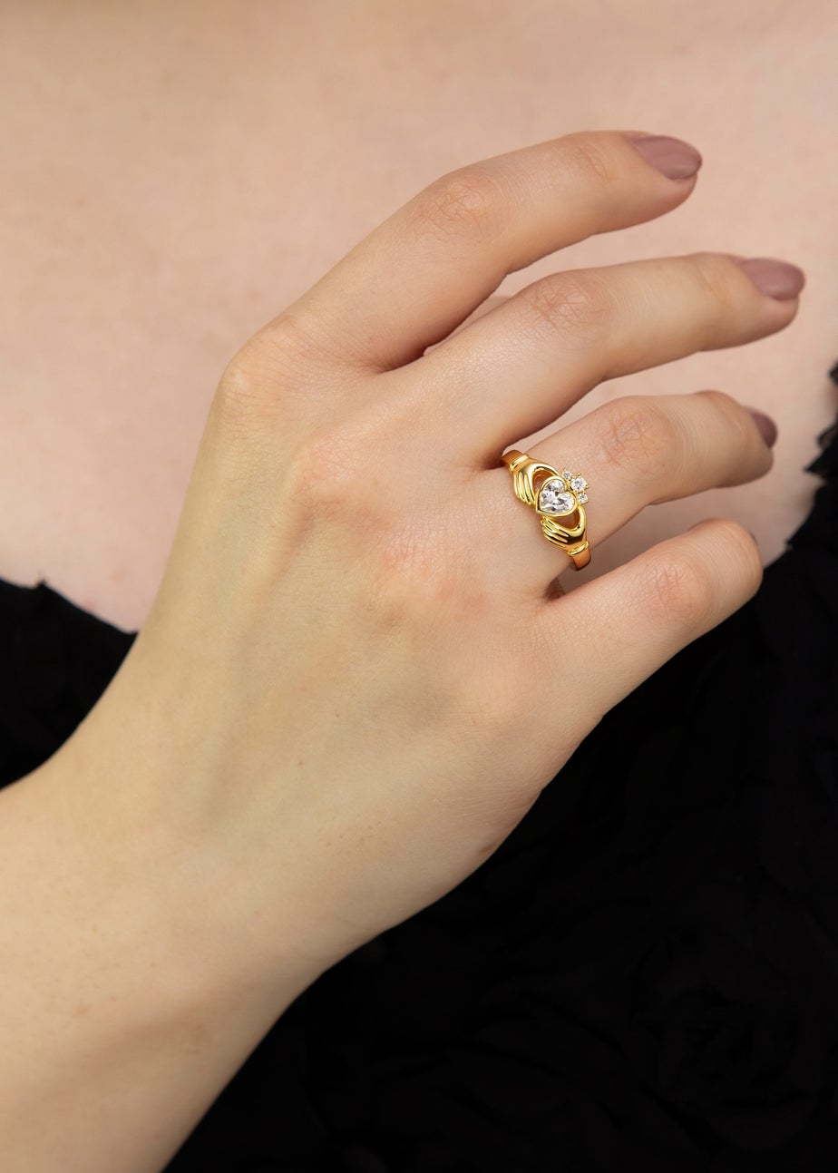 Golden Moments Sterling Silver Gold Plated Heart CZ Claddagh Ring