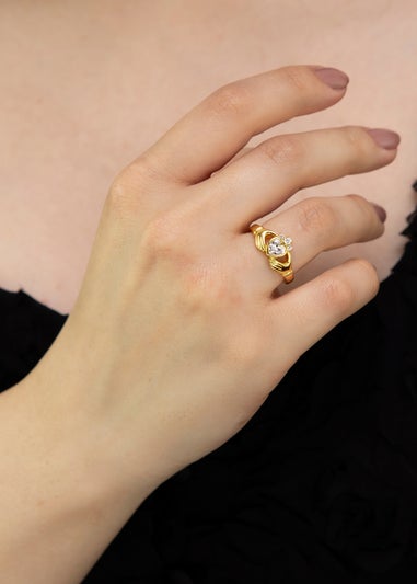 Golden Moments Sterling Silver Gold Plated Heart CZ Claddagh Ring