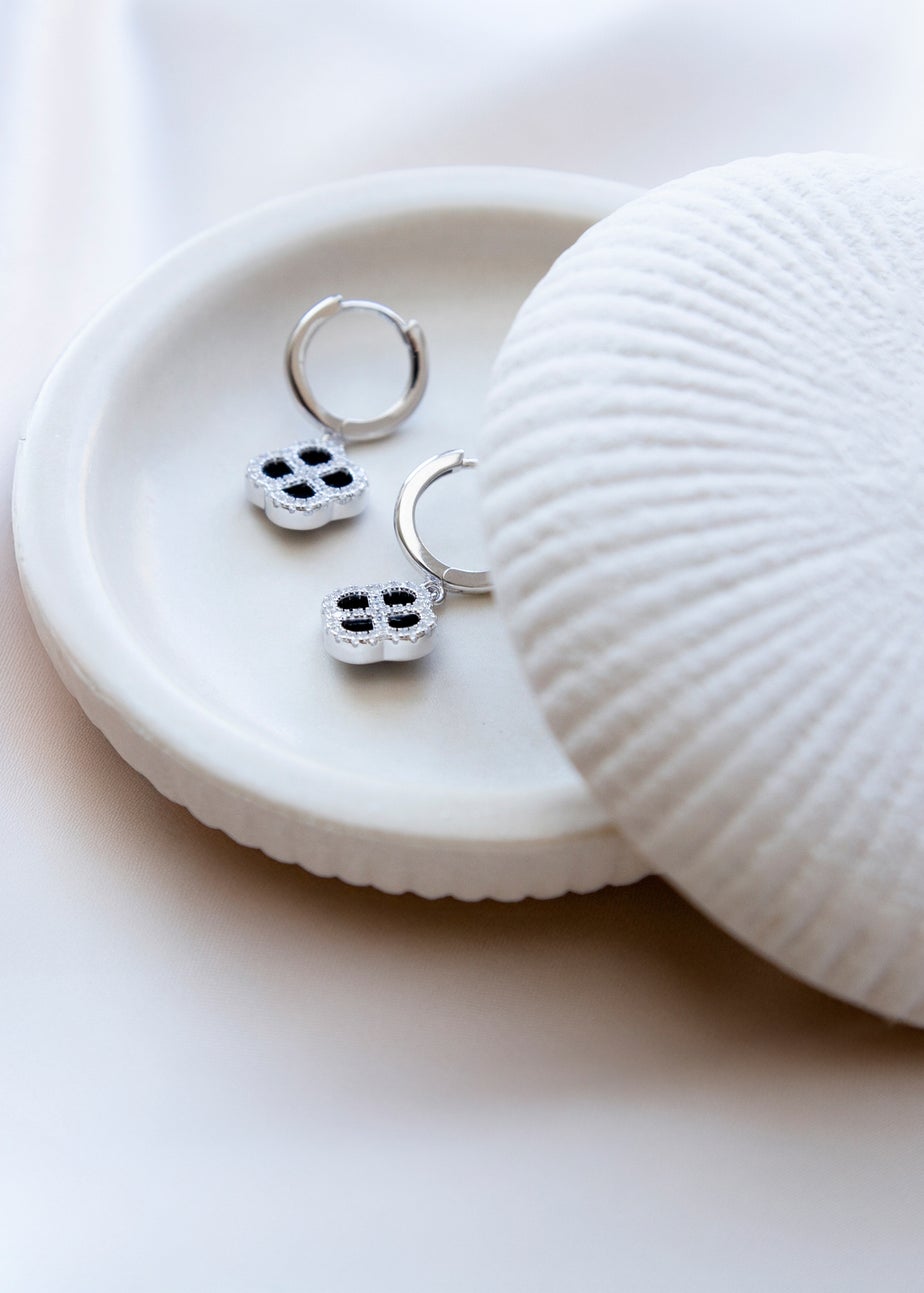 Golden Moments Sterling Silver Rhodium Plated Black Agate Clover and CZ Hoop Earrings