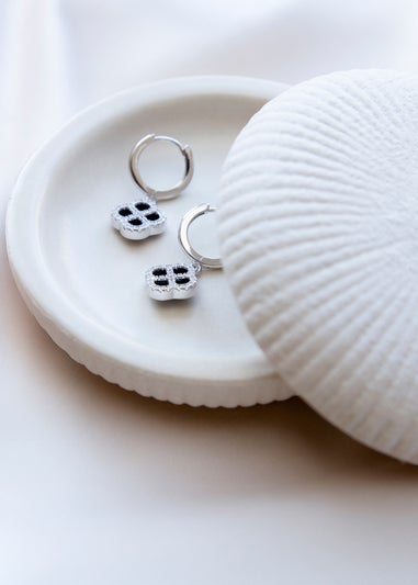 Golden Moments Sterling Silver Rhodium Plated Black Agate Clover and CZ Hoop Earrings