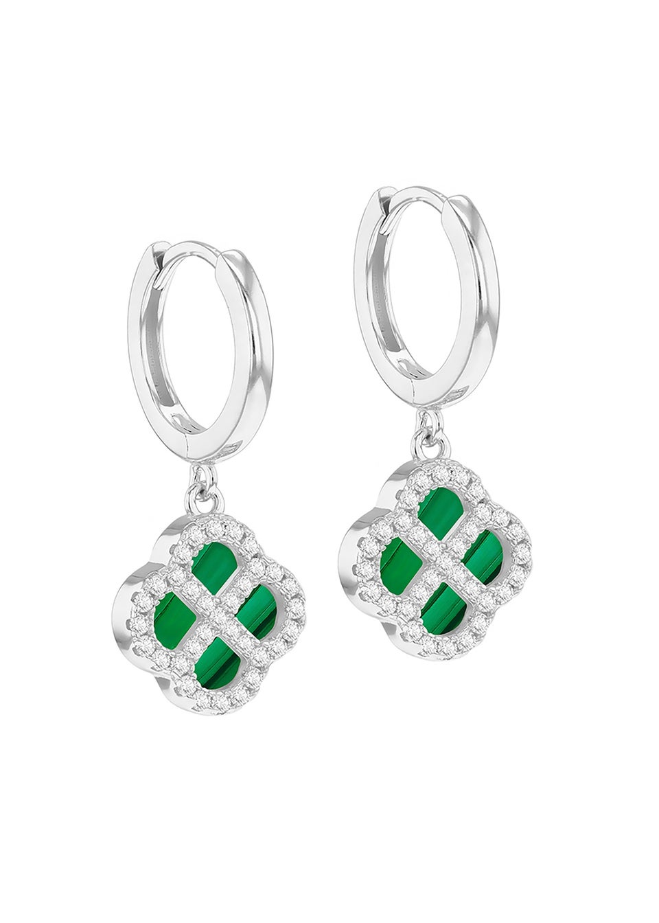 Golden Moments Sterling Silver Rhodium Plated Malachite Clover Hoop and CZ Hoop Earrings