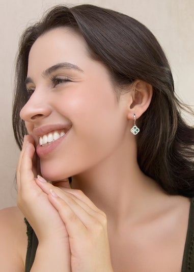 Golden Moments Sterling Silver Rhodium Plated Malachite Clover Hoop and CZ Hoop Earrings