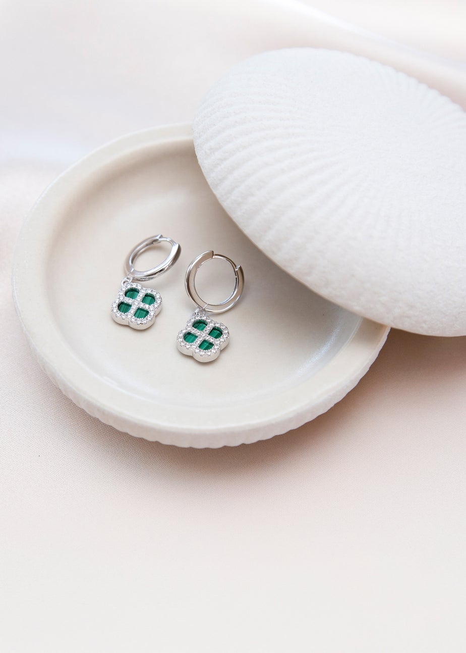 Golden Moments Sterling Silver Rhodium Plated Malachite Clover Hoop and CZ Hoop Earrings