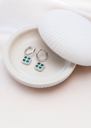 Golden Moments Sterling Silver Rhodium Plated Malachite Clover Hoop and CZ Hoop Earrings