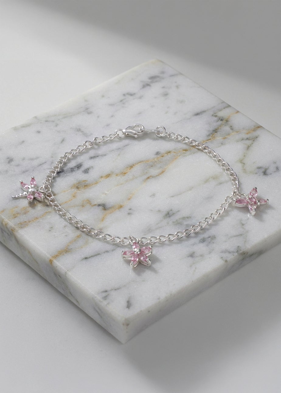 Golden Moments Sterling Silver Three Pink CZ Charm Bracelet