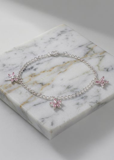 Golden Moments Sterling Silver Three Pink CZ Charm Bracelet