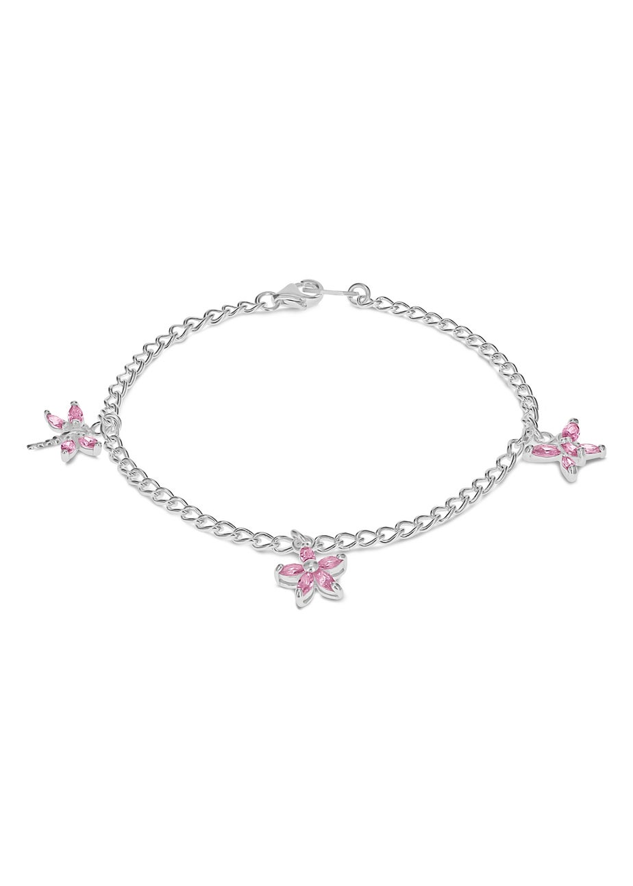Golden Moments Sterling Silver Three Pink CZ Charm Bracelet