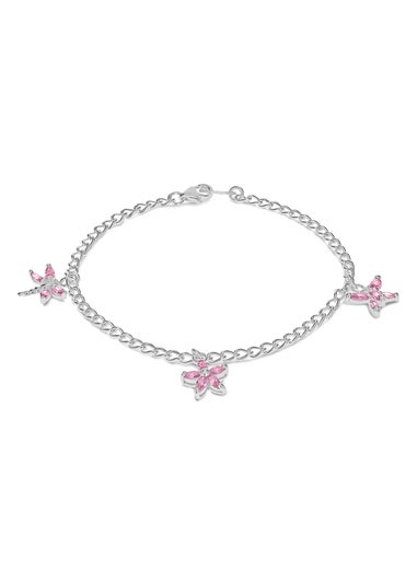 Golden Moments Sterling Silver Three Pink CZ Charm Bracelet
