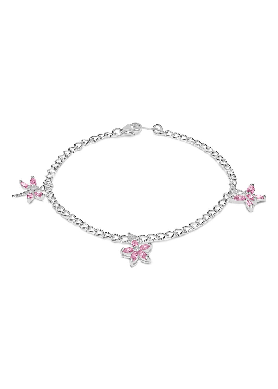 Golden Moments Sterling Silver Three Pink CZ Charm Bracelet