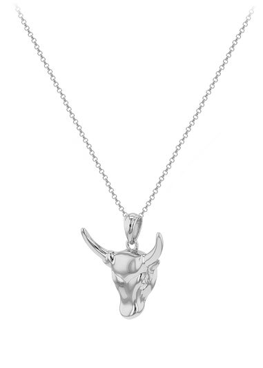 Golden Moments Sterling Silver Rhodium Plated Small Steer Head Pendant on Chain