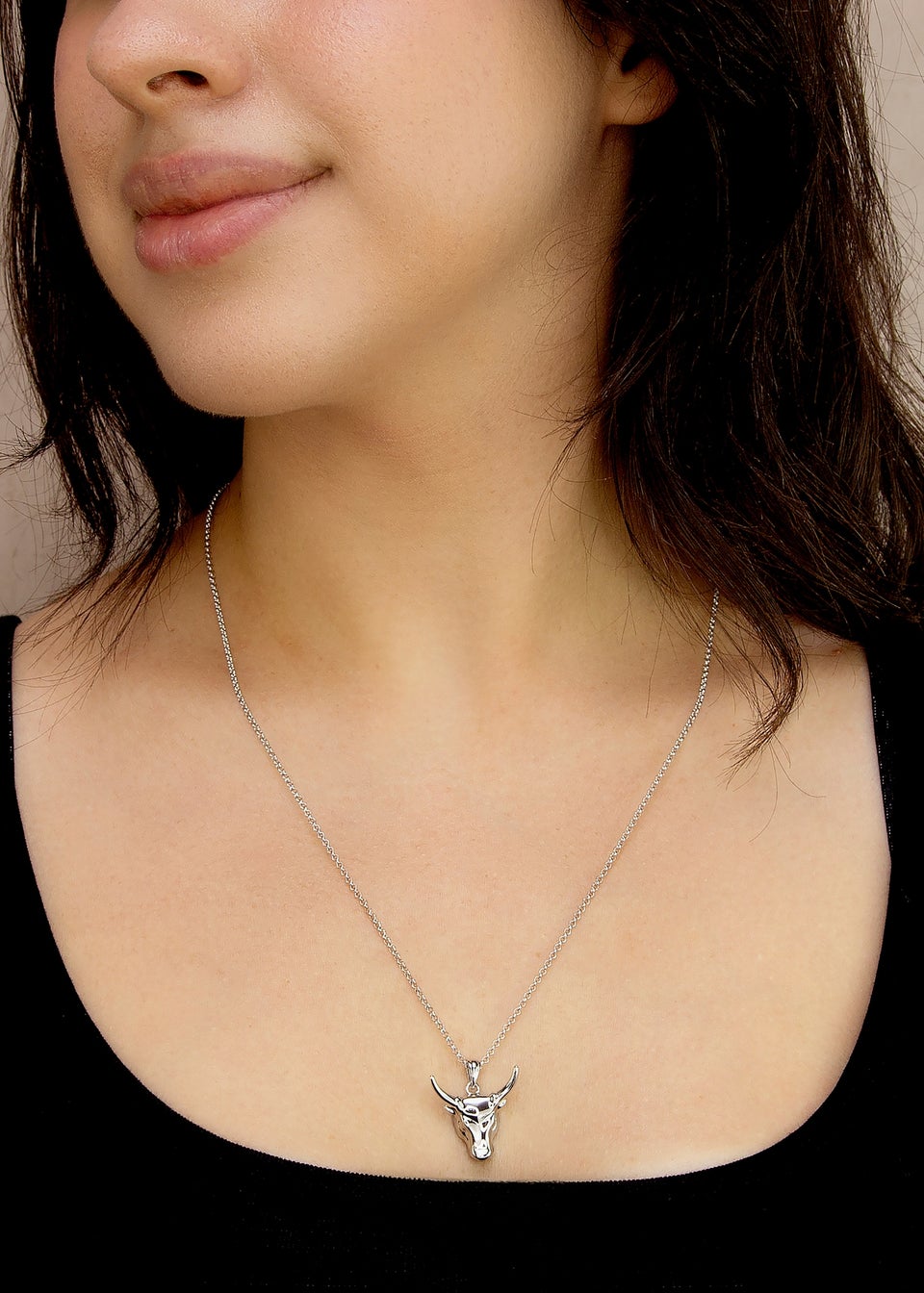 Golden Moments Sterling Silver Rhodium Plated Small Steer Head Pendant on Chain