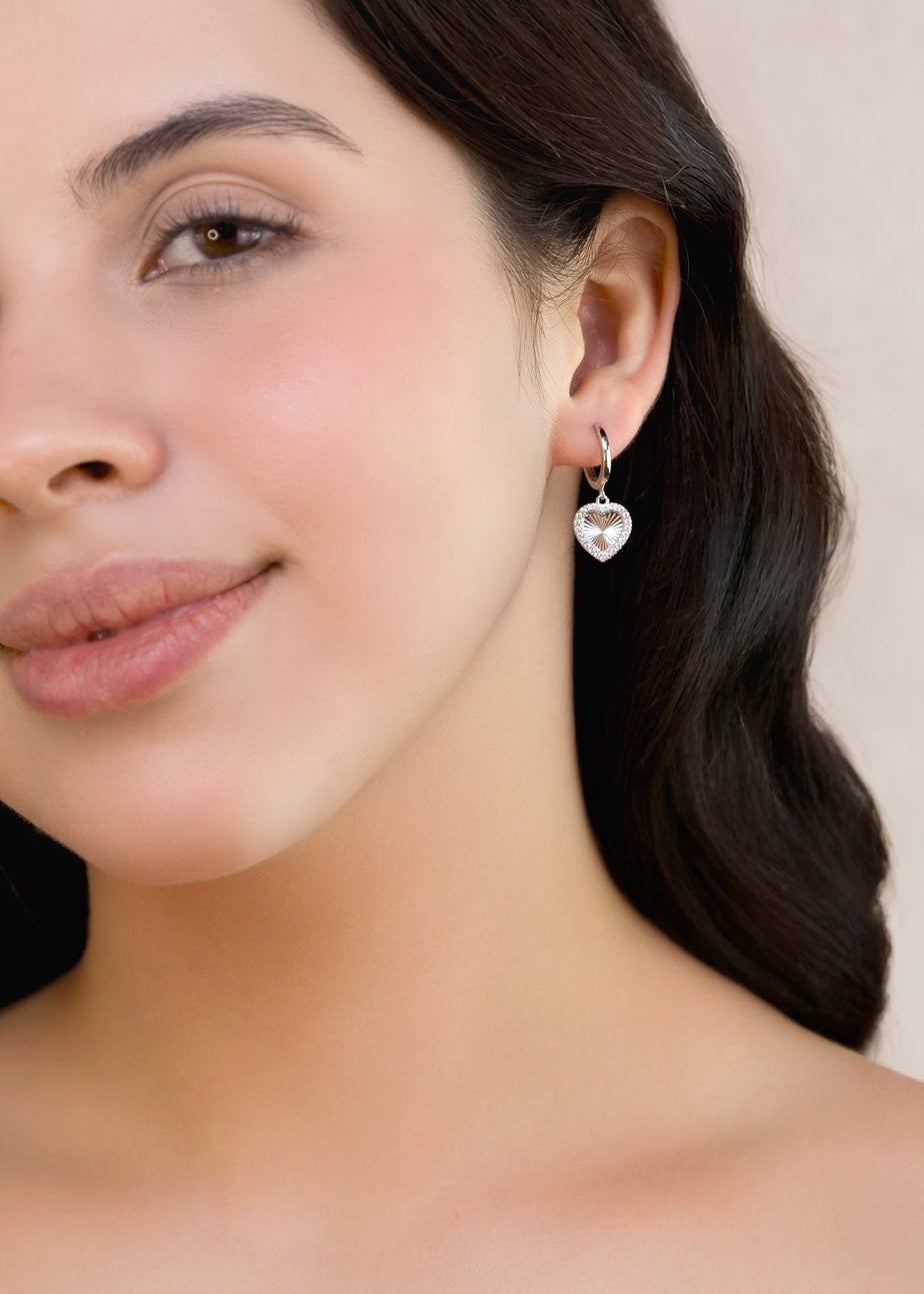 Golden Moments Sterling Silver Rhodium Plated CZ Rainbow Heart Hoop Earrings