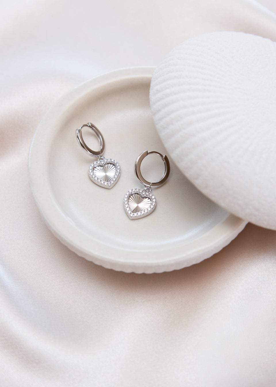 Golden Moments Sterling Silver Rhodium Plated CZ Rainbow Heart Hoop Earrings