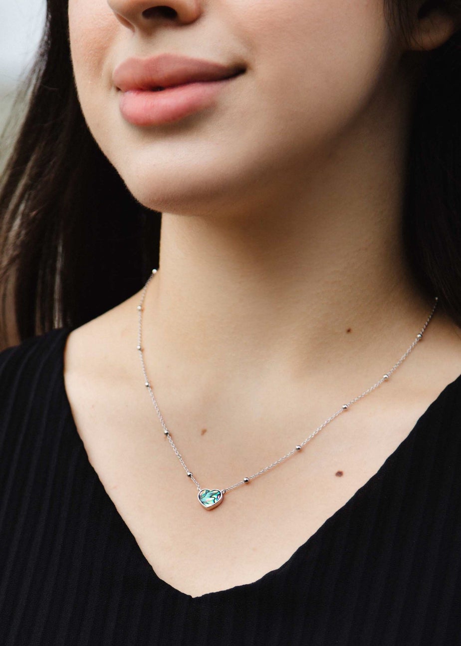 Golden Moments Sterling Silver Rhodium Plated Paua Shell Heart Adjustable Trace and Ball Necklace