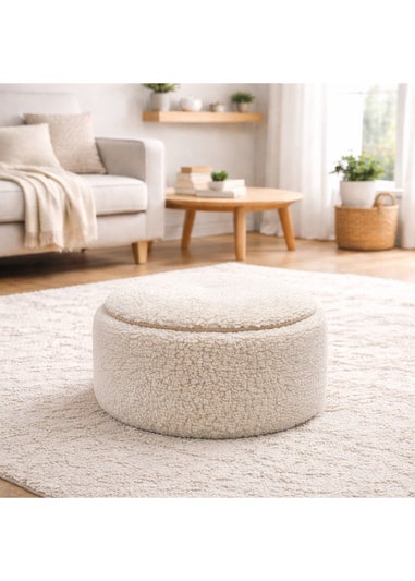 Kaikoo Cream Round Stool with Piping in Sherpa Fur