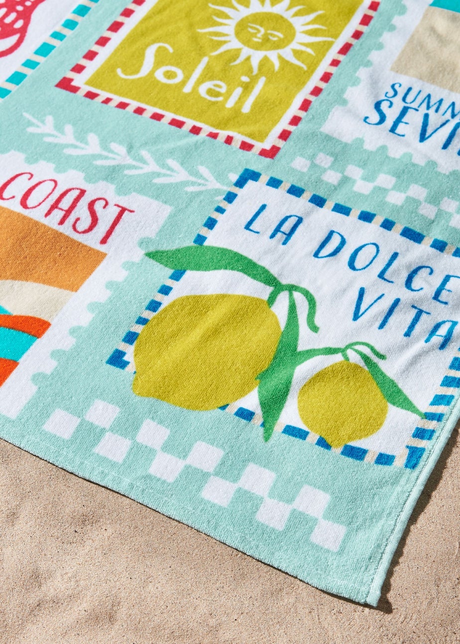 Catherine Lansfield Postcards Cotton Beach Towel Sage Green