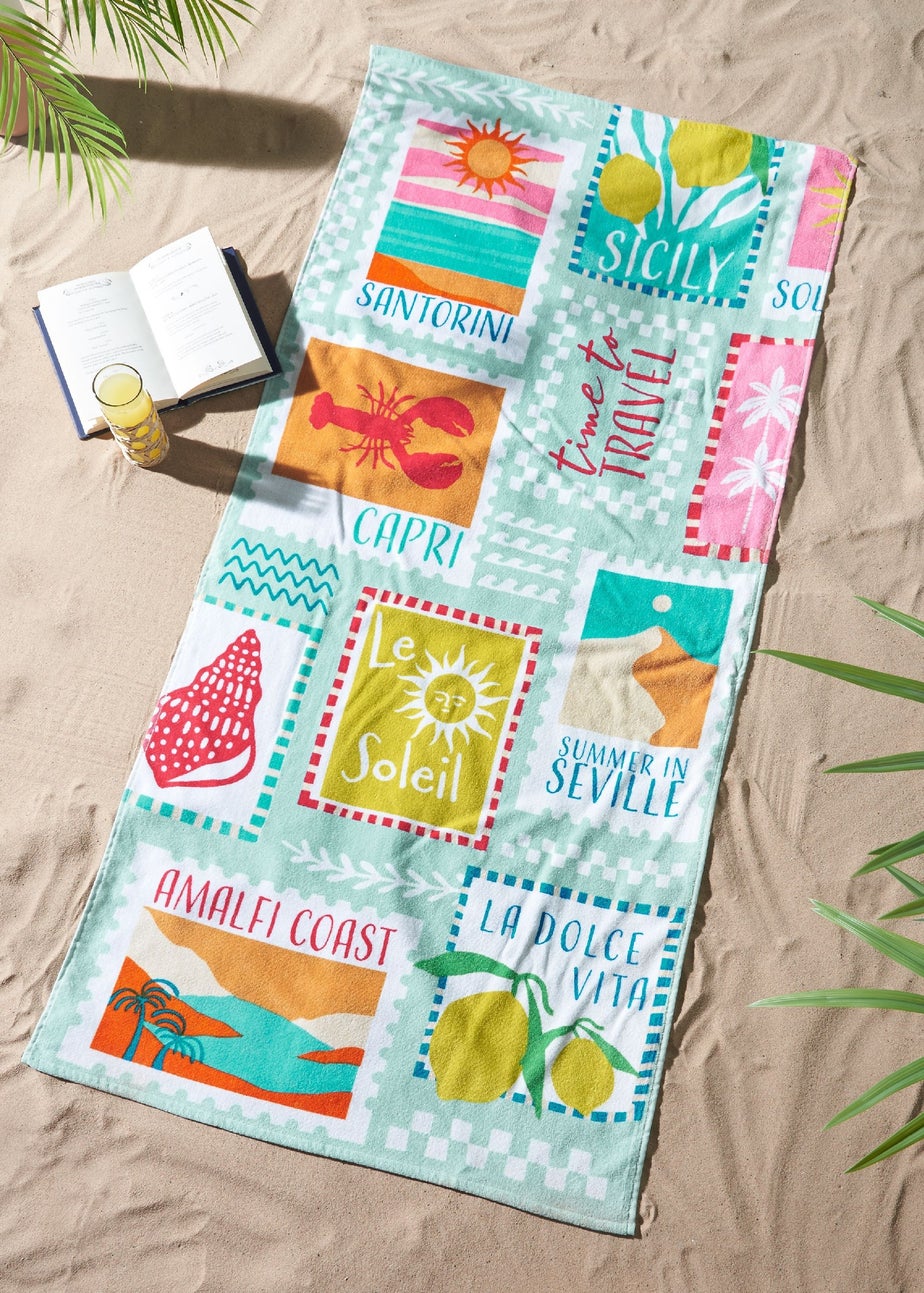 Catherine Lansfield Postcards Cotton Beach Towel Sage Green