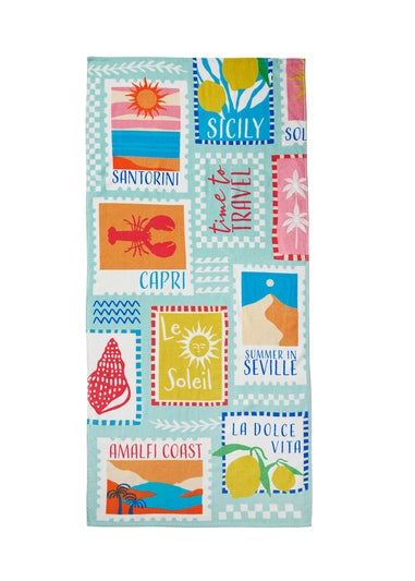 Catherine Lansfield Postcards Cotton Beach Towel Sage Green