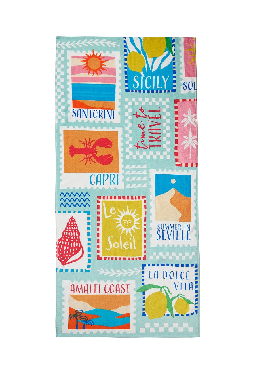 Catherine Lansfield Postcards Cotton Beach Towel Sage Green