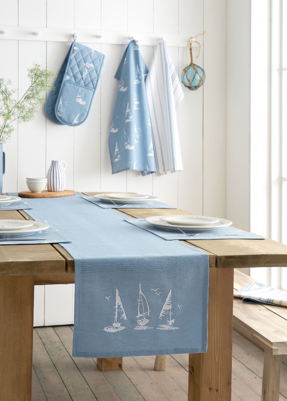 Catherine Lansfield Salcombe Boats Cotton 33x220cm Dining Table Runner Blue