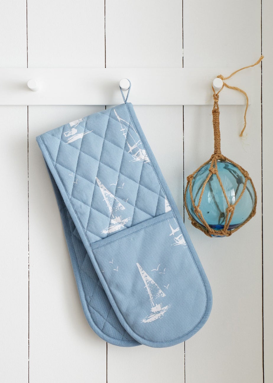 Catherine Lansfield Salcombe Boats Cotton Kitchen Double Oven Glove Blue