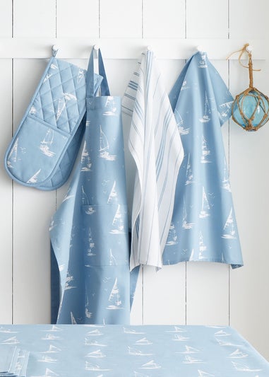 Catherine Lansfield Salcombe Boats Cotton Kitchen Tea Towel Pack of 4 Blue