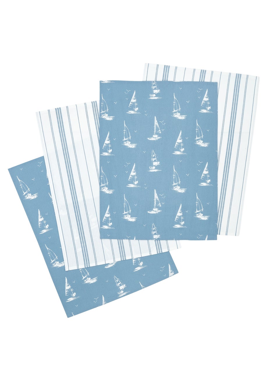 Catherine Lansfield Salcombe Boats Cotton Kitchen Tea Towel Pack of 4 Blue