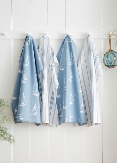 Catherine Lansfield Salcombe Boats Cotton Kitchen Tea Towel Pack of 4 Blue