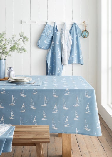 Catherine Lansfield Salcombe Boats Cotton Table Cloth Blue