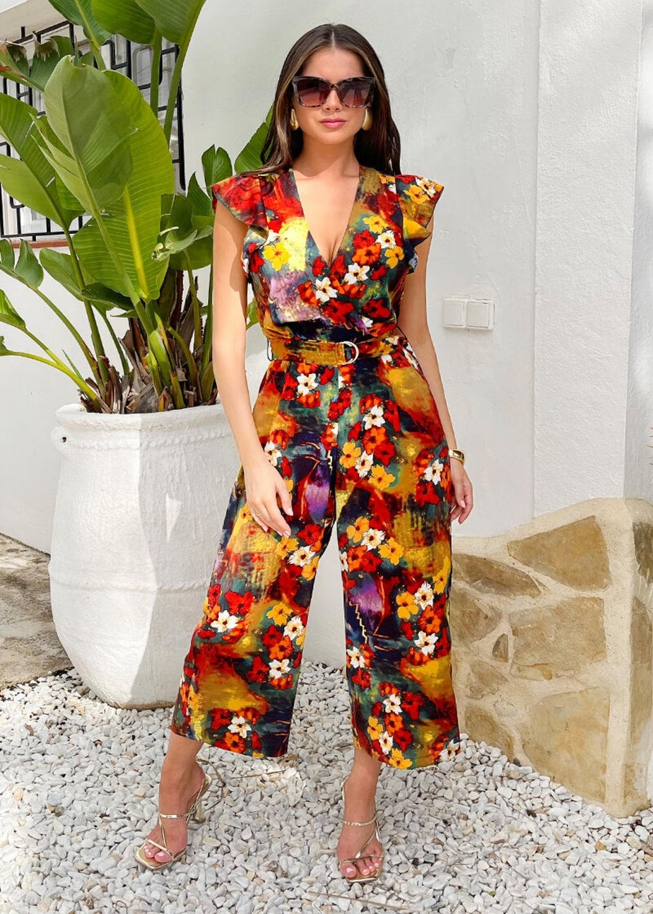 AX Paris Multi Floral Print Wrap Top Flutter Sleeve Belted Jumpsuit