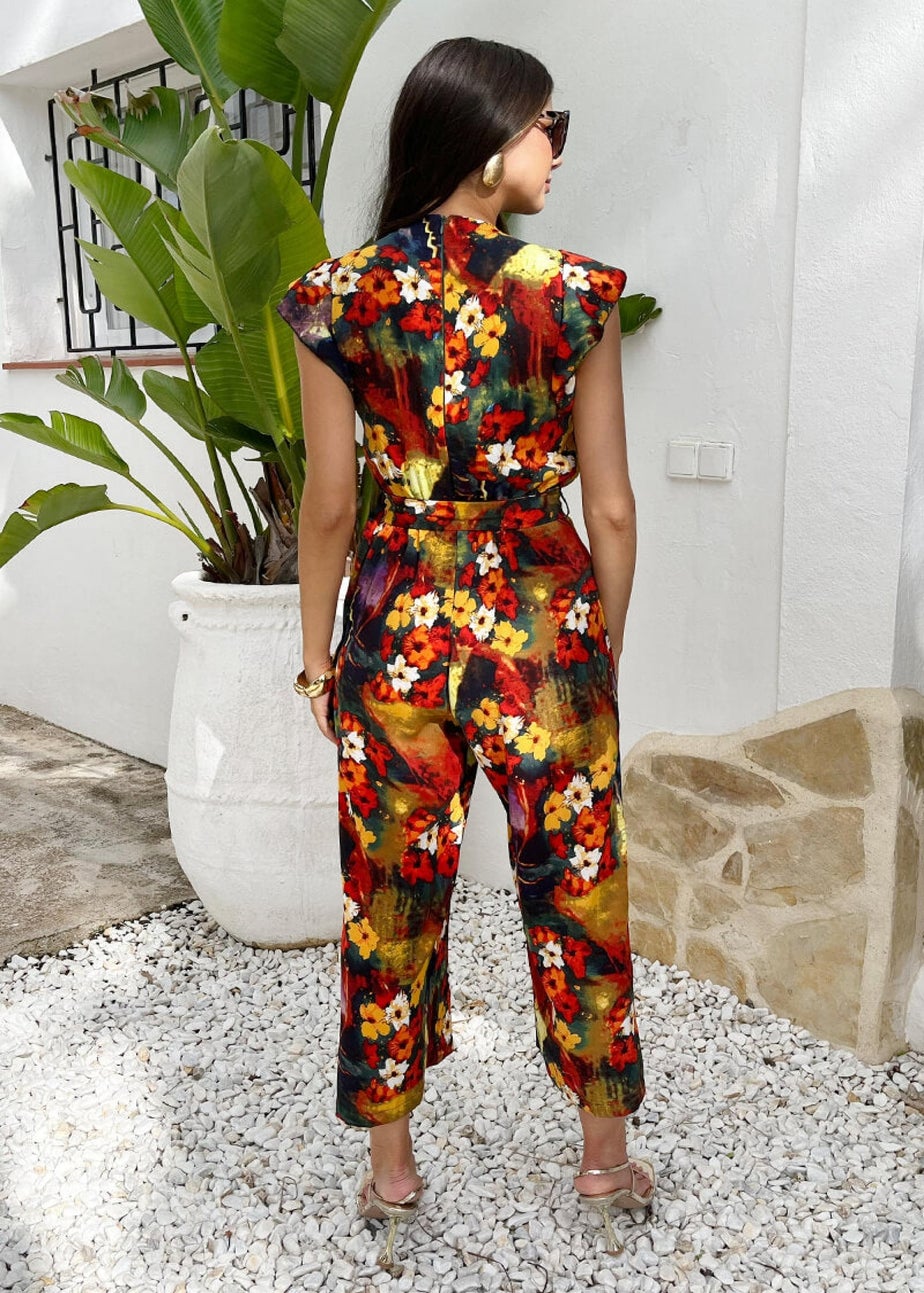 AX Paris Multi Floral Print Wrap Top Flutter Sleeve Belted Jumpsuit