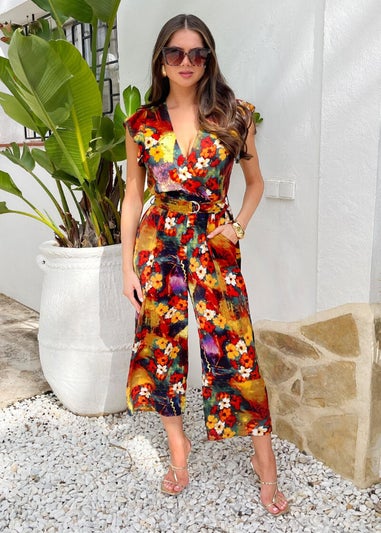 AX Paris Multi Floral Print Wrap Top Flutter Sleeve Belted Jumpsuit