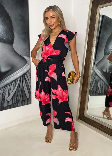 AX Paris Black & Cerise Floral Print Wrap Top Belted Jumpsuit
