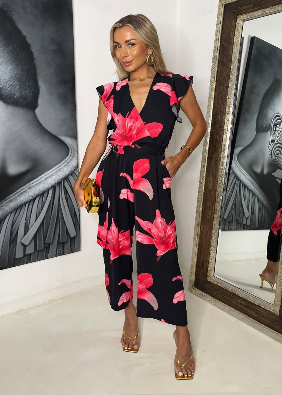 AX Paris Black & Cerise Floral Print Wrap Top Belted Jumpsuit