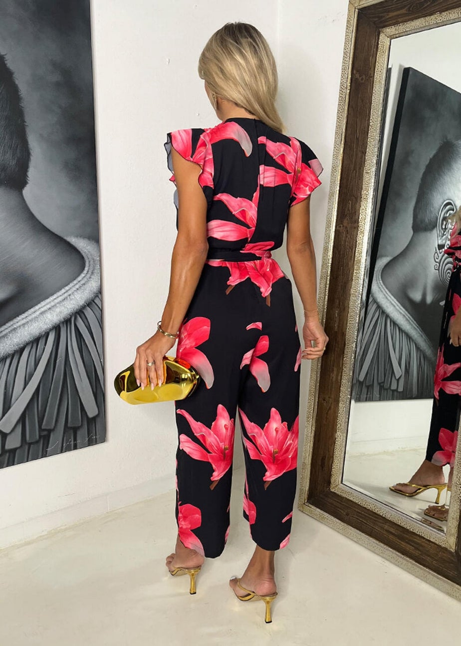 AX Paris Black & Cerise Floral Print Wrap Top Belted Jumpsuit