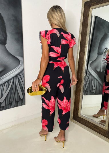 AX Paris Black & Cerise Floral Print Wrap Top Belted Jumpsuit