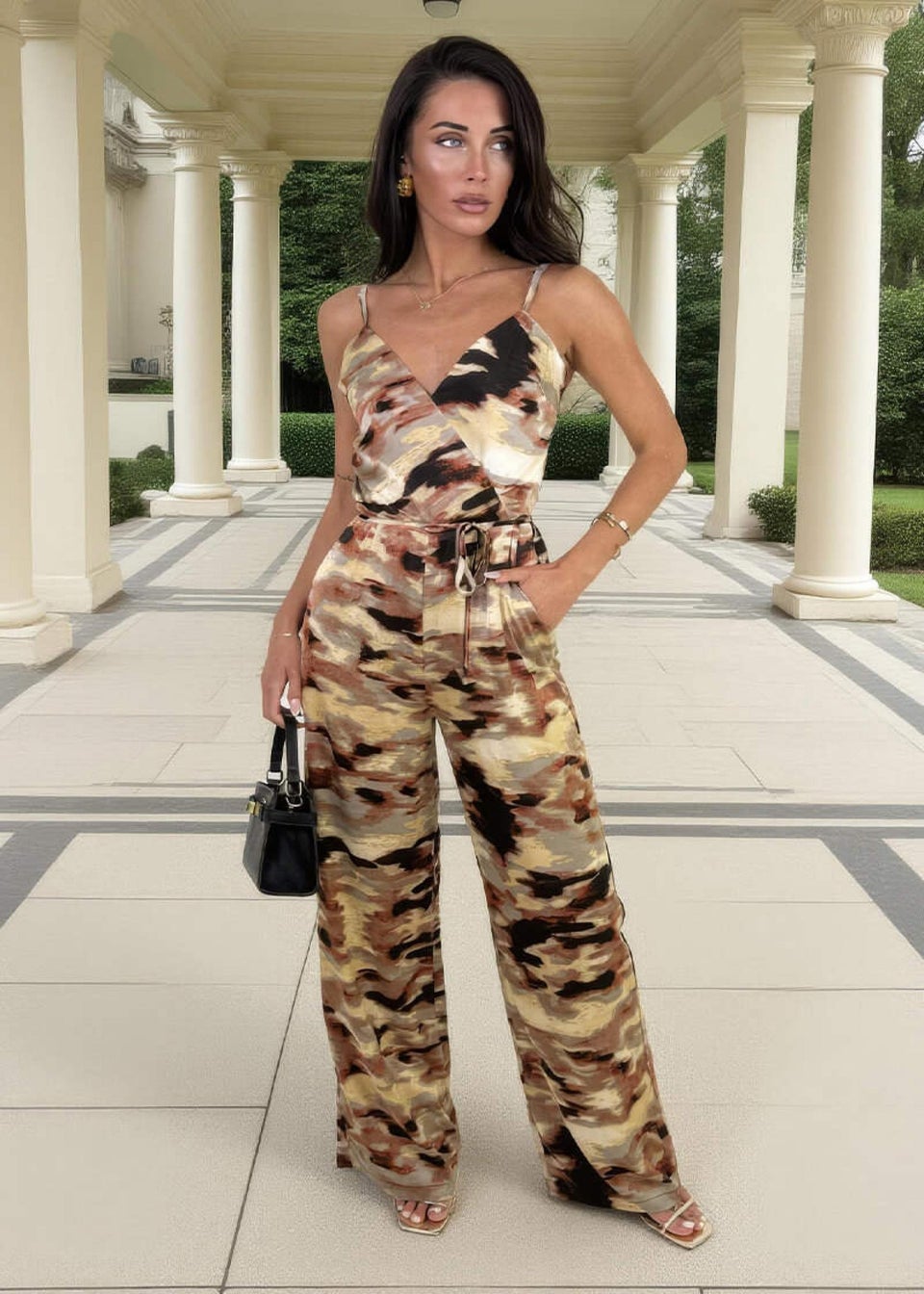 AX Paris Brown Smudge Print Strappy Tie Waist Jumpsuit