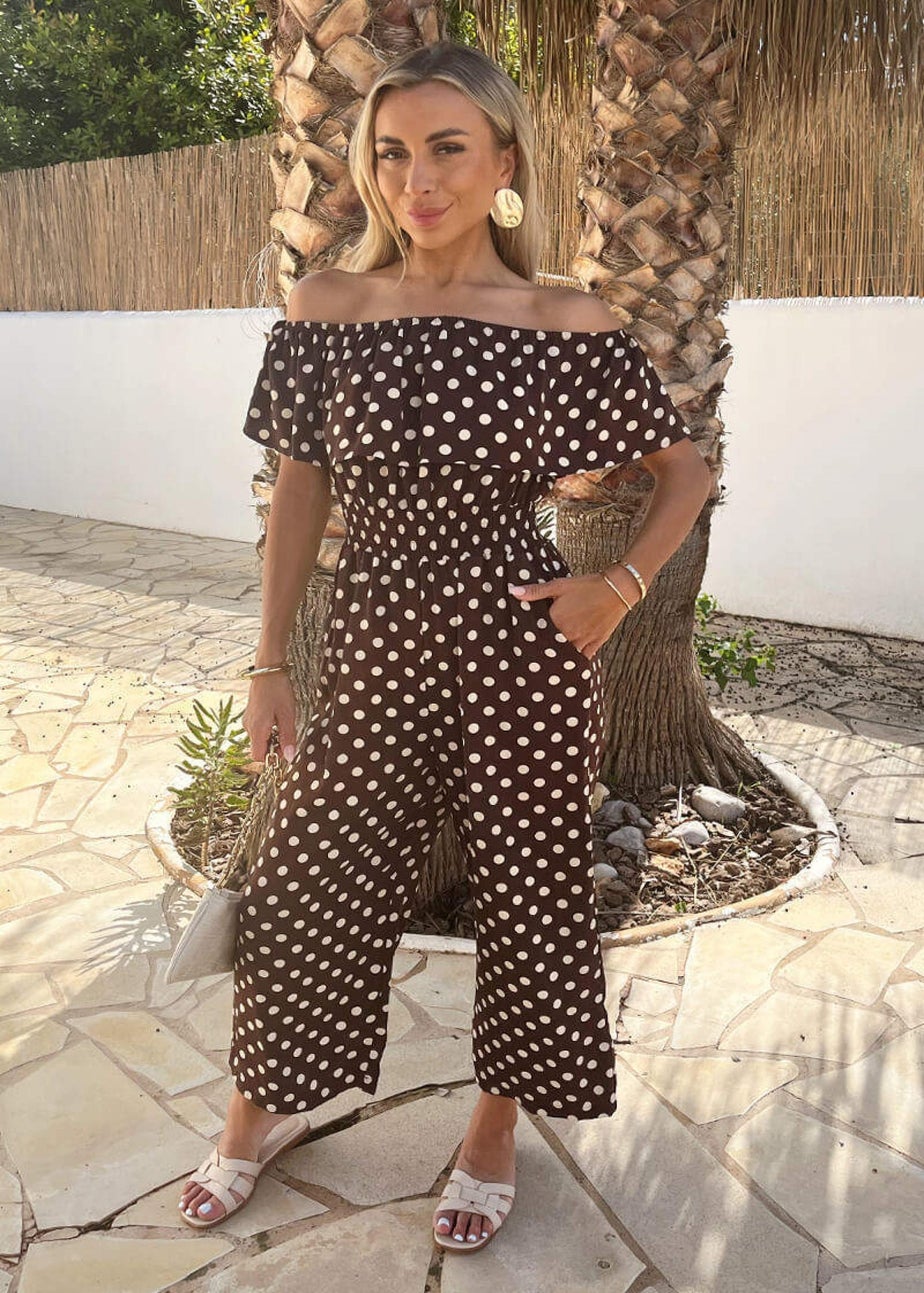 AX Paris Chocolate Polka Dot Bardot Frill Culotte Jumpsuit