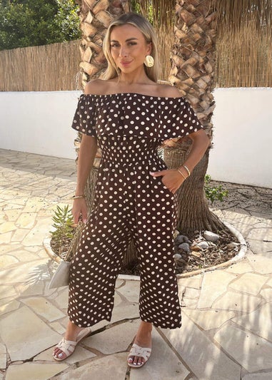 AX Paris Chocolate Polka Dot Bardot Frill Culotte Jumpsuit