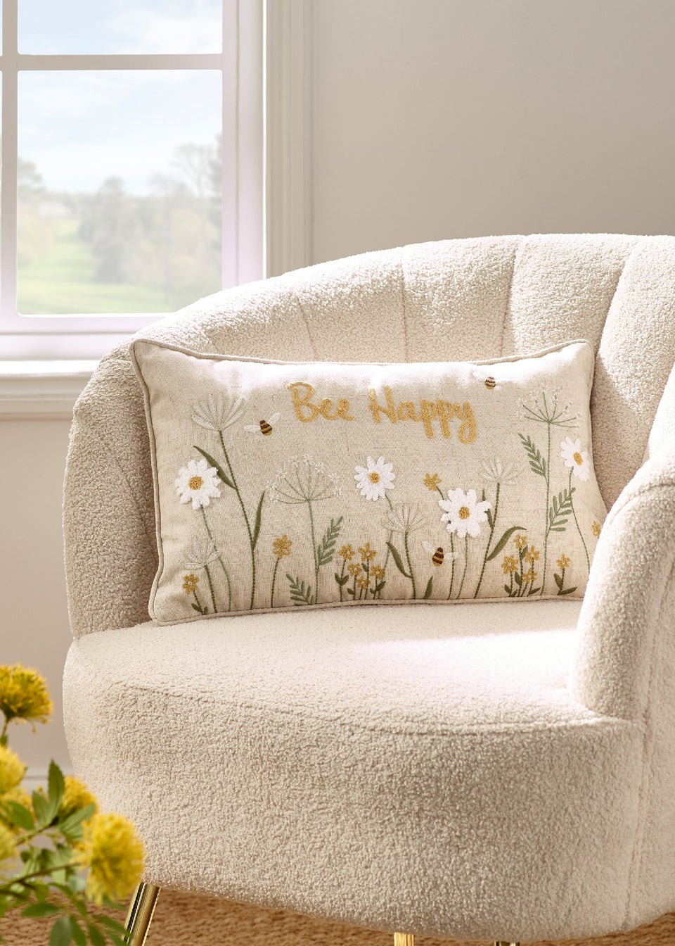 Catherine Lansfield Bee Happy Embroidered 30x50cm Cushion Natural