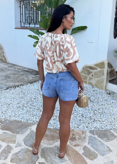 AX Paris Stone & Cream Abstract Print Puff Sleeve Bubble Hem Top