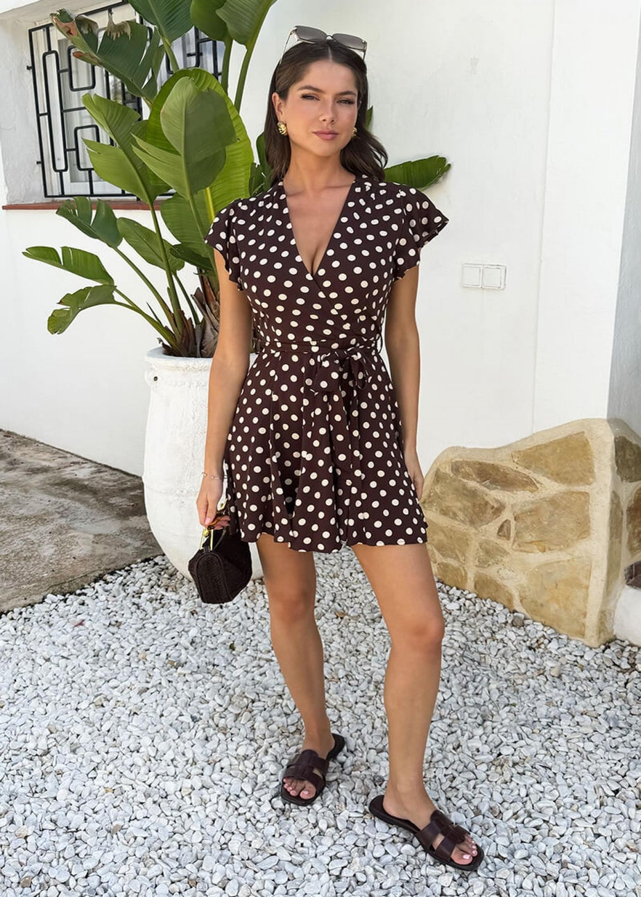 AX Paris Chocolate Polka Dot Print Wrap Top Skater Mini Dress