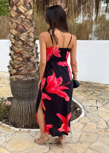 AX Paris Black & Coral Red Floral Print Strappy Slip Midi Dress