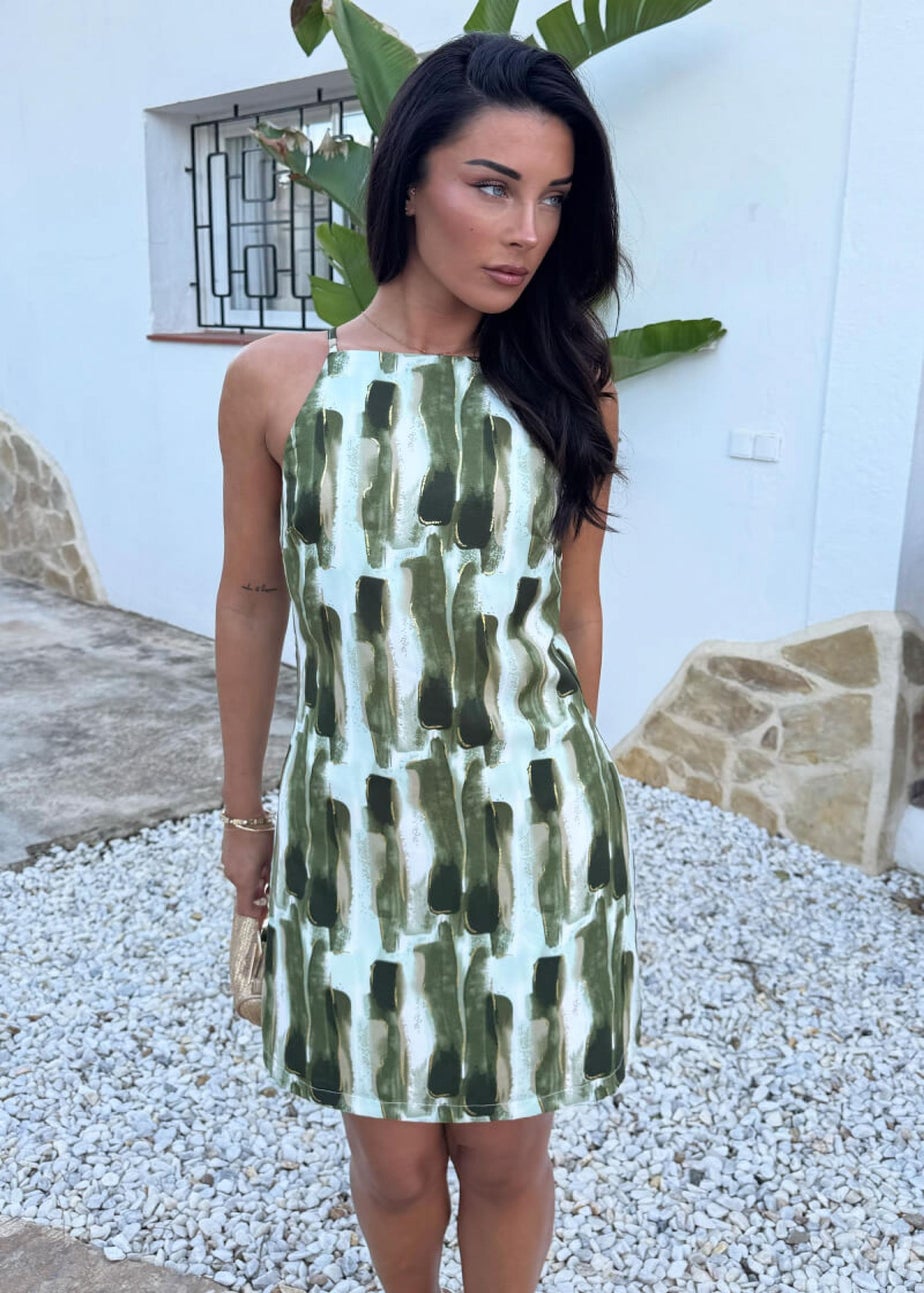 AX Paris Khaki Brush Stroke Print Racer Neck Slip Mini Dress
