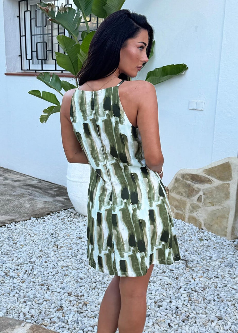 AX Paris Khaki Brush Stroke Print Racer Neck Slip Mini Dress