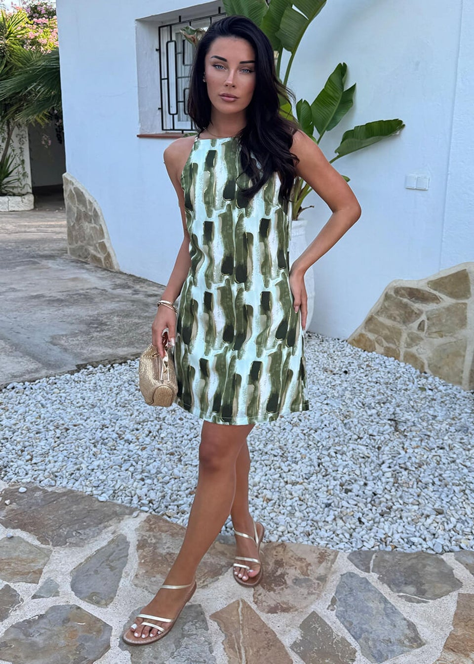 AX Paris Khaki Brush Stroke Print Racer Neck Slip Mini Dress