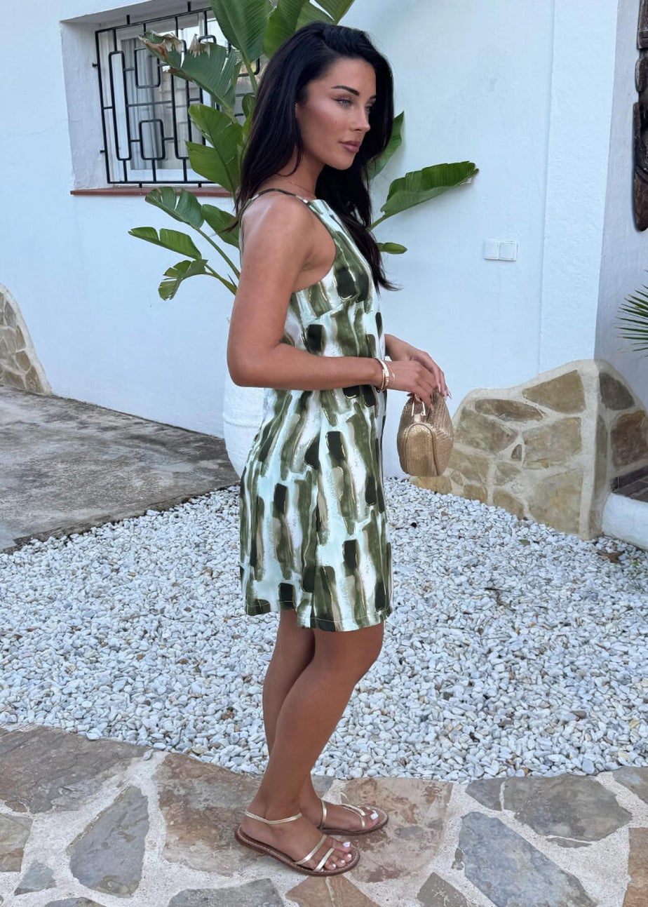 AX Paris Khaki Brush Stroke Print Racer Neck Slip Mini Dress