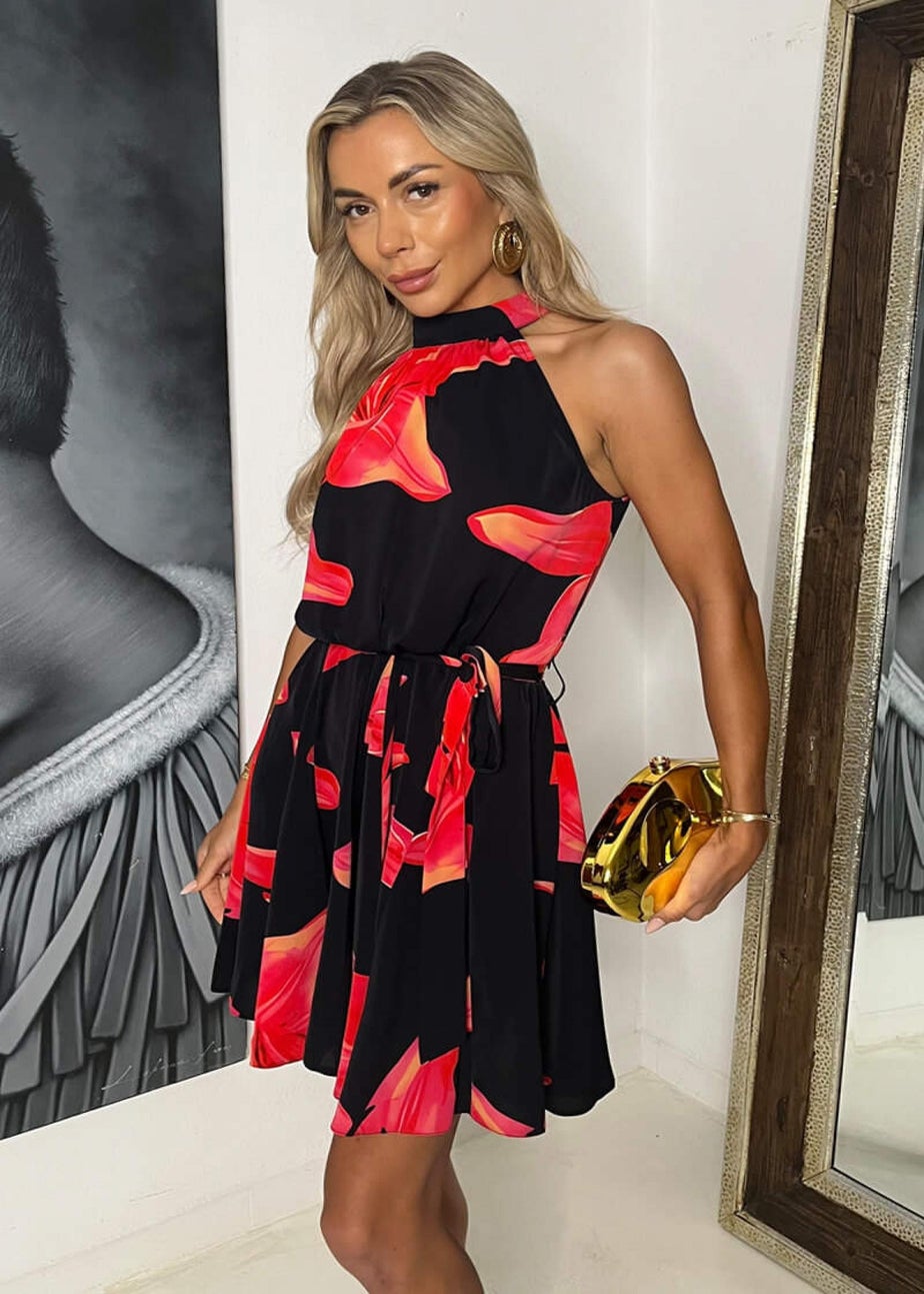 AX Paris Black & Coral Red Floral Print Halter Neck Mini Dress